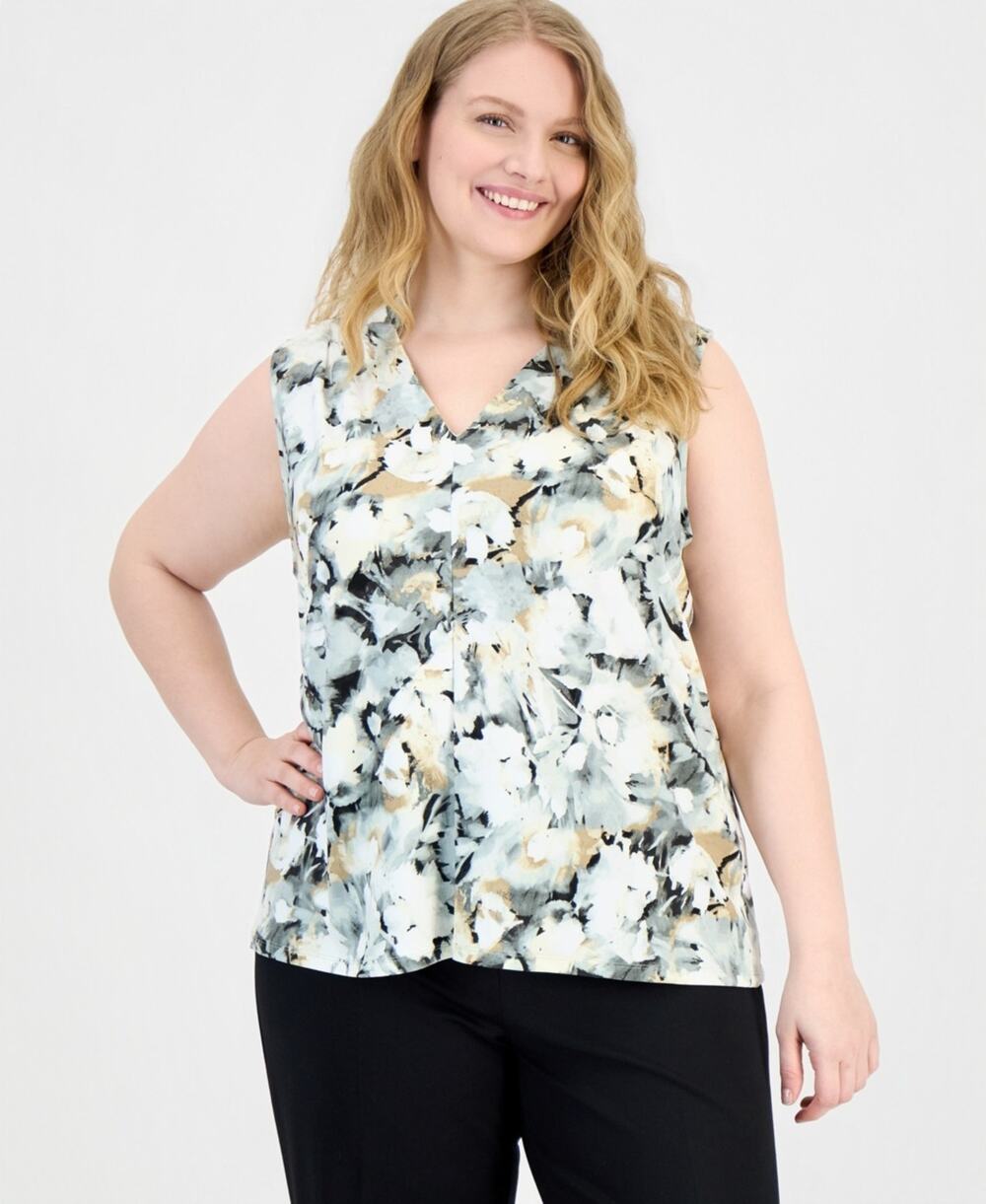 Anne Klein Plus Size V-Neck Sleeveless Printed Knit Top Multi Size 3X 3705